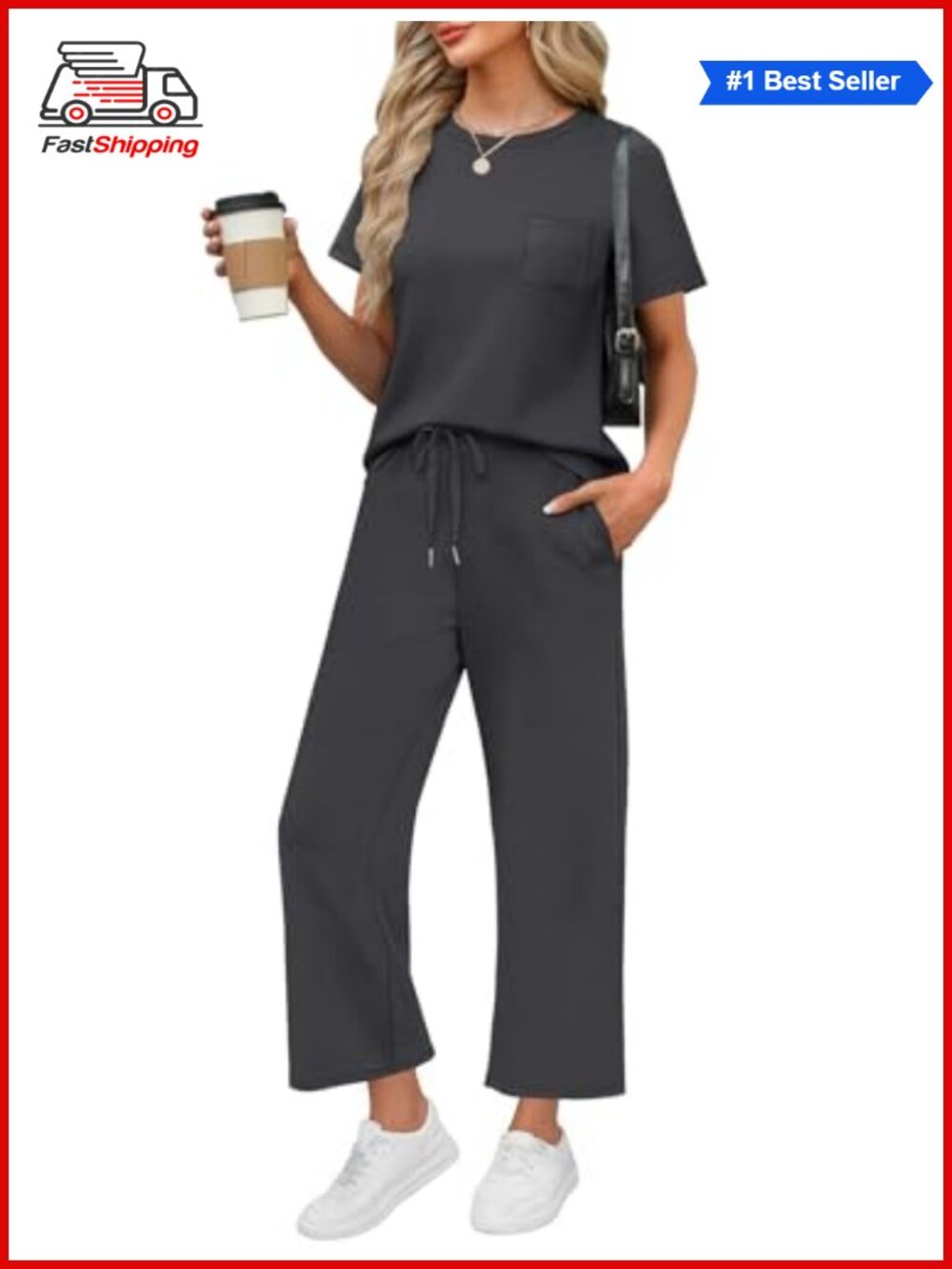 ✨ 2 Piece Lounge Set Short Sleeve Wide Leg Crop Pants Pockets Pull On